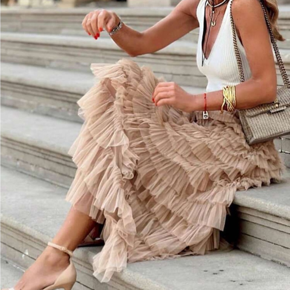 Tiered Ruffle Midi Skirt in Beige